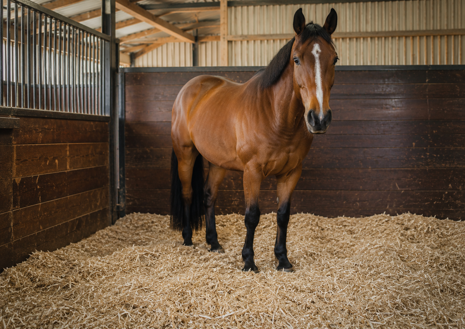 Horse standing in a stable using FredBed premium dust-free bedding, designed to improve comfort, hygiene and animal welfare.