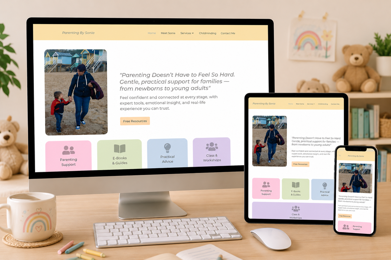 Parenting by Sonia responsive Joomla! website displayed on a desktop computer, designed by WA Designs.