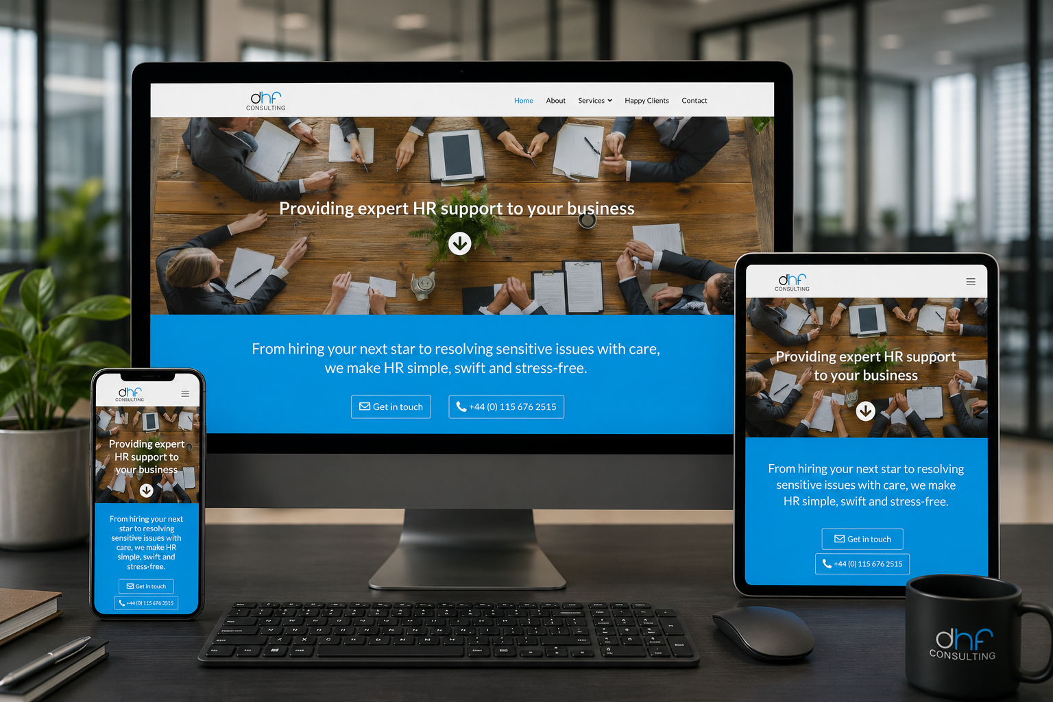 DHF Consulting responsive Joomla! website displayed across desktop, tablet and mobile devices in a modern corporate office environment.