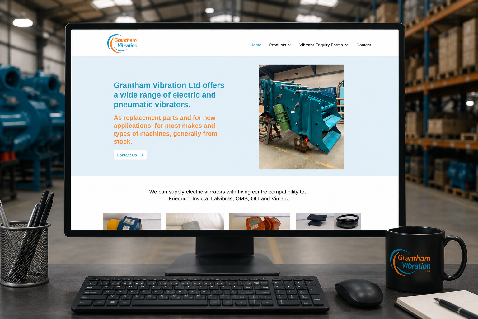 Grantham Vibration responsive Joomla! website displayed across desktop in a modern industrial engineering environment.