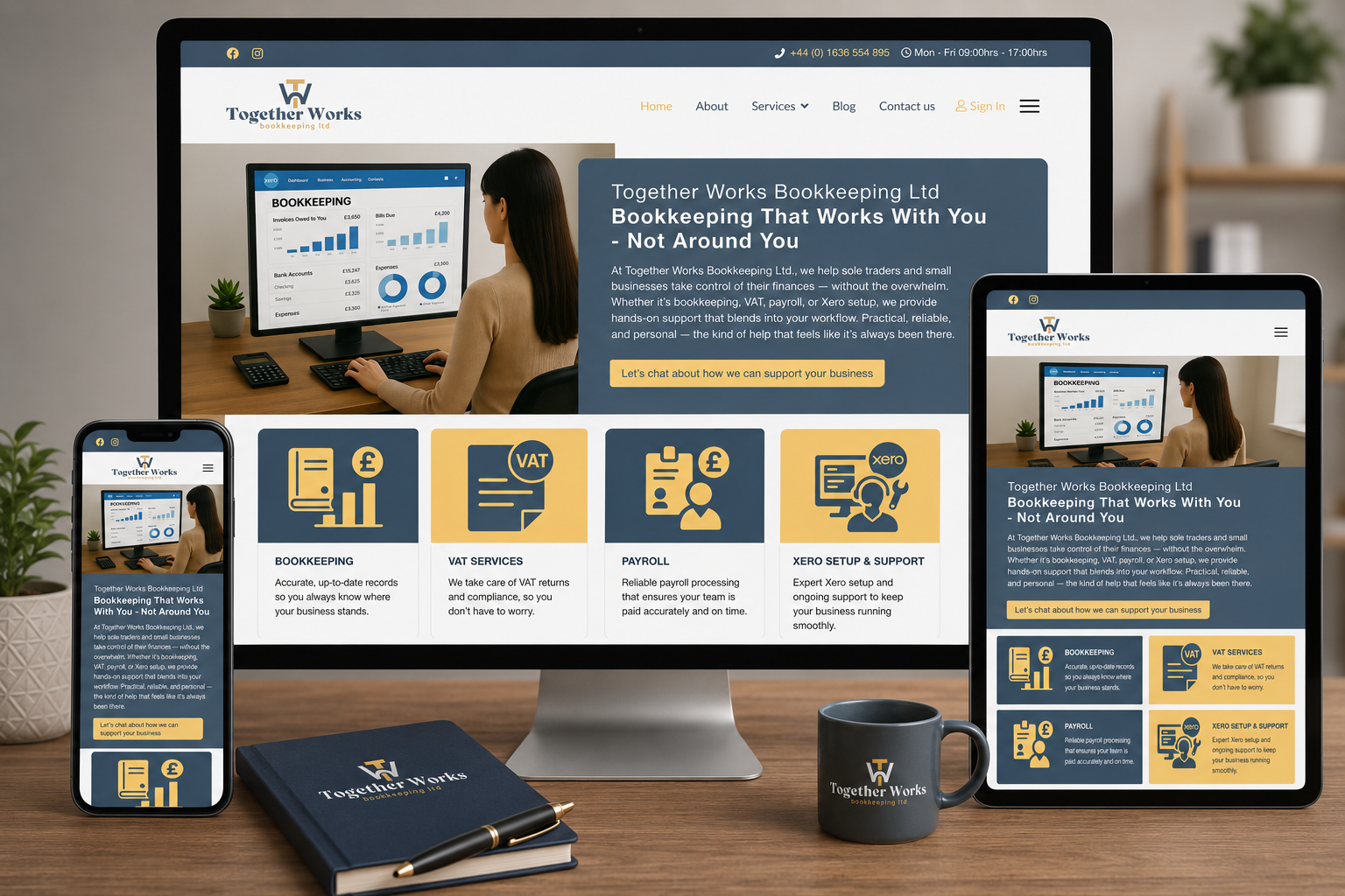 Responsive website design for Together Works Bookkeeping Ltd displayed across desktop, tablet and mobile devices.